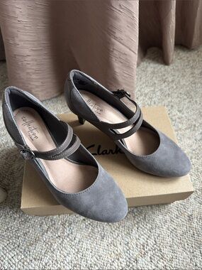 Clarks Gray Suede Mary Jane Heels with Double Strap